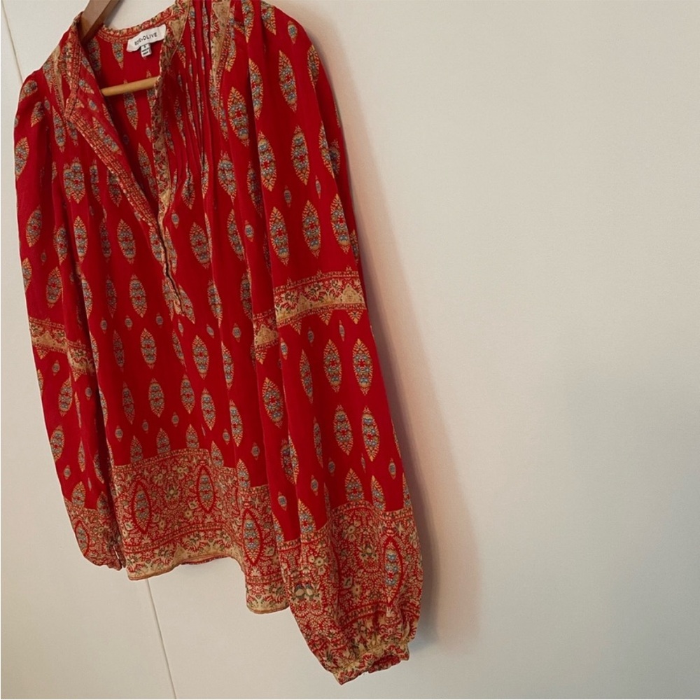 Rose + Olive Red and Gold Patterned Long Sleeve Blouse Size S Boho V Neck - Picture 3 of 8